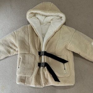 Free People Cozy Cream Hooded Jacket with Black Accents small oversized.